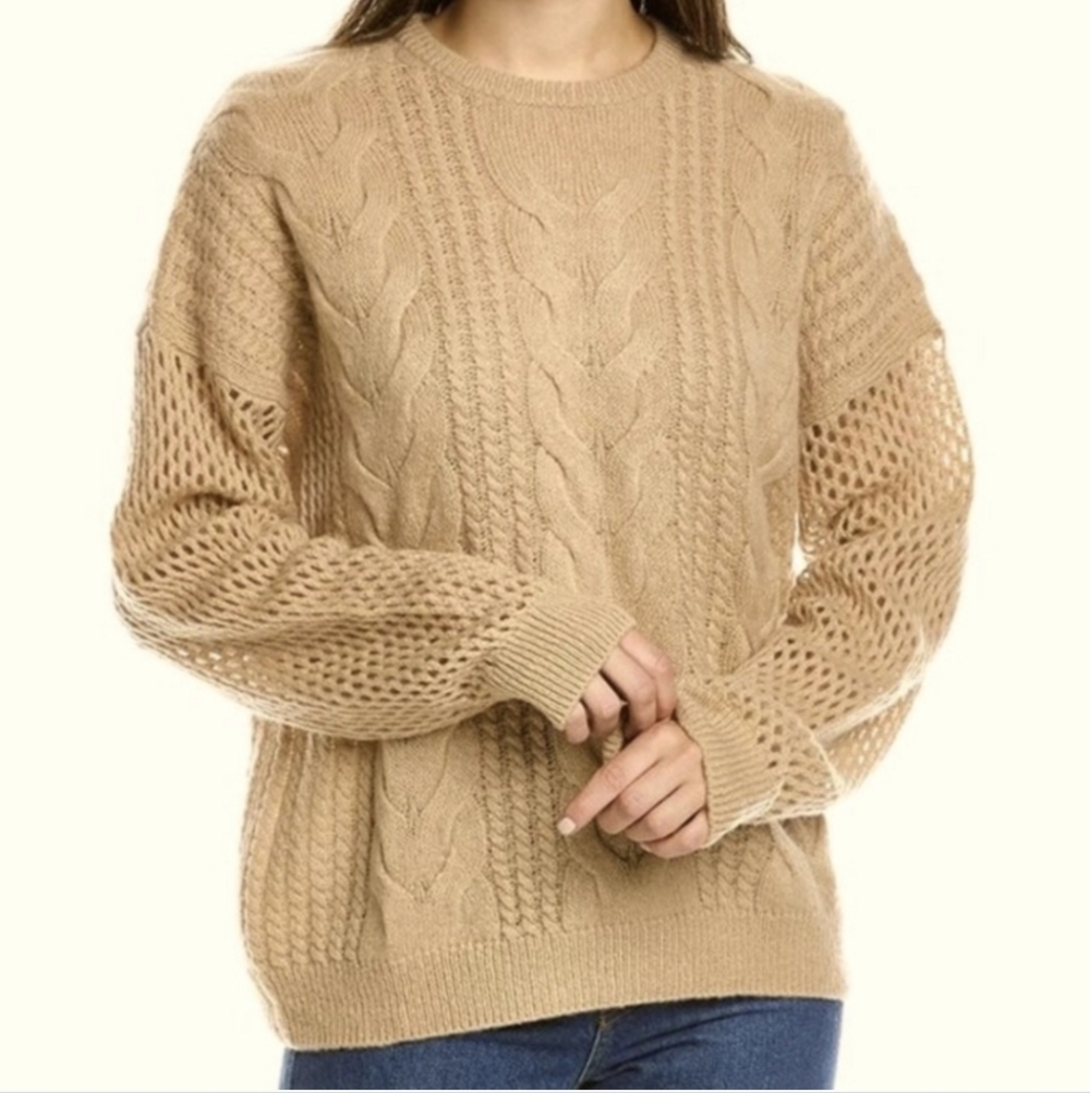 NAADAM Collection Open Cable Knit Crewneck Merino Wool Cashmere Blend Sweater(S)